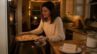 Adrianna pulls a tray of sugar cookies from the oven on Christmas Eve; a plate on the counter reads For Santa.