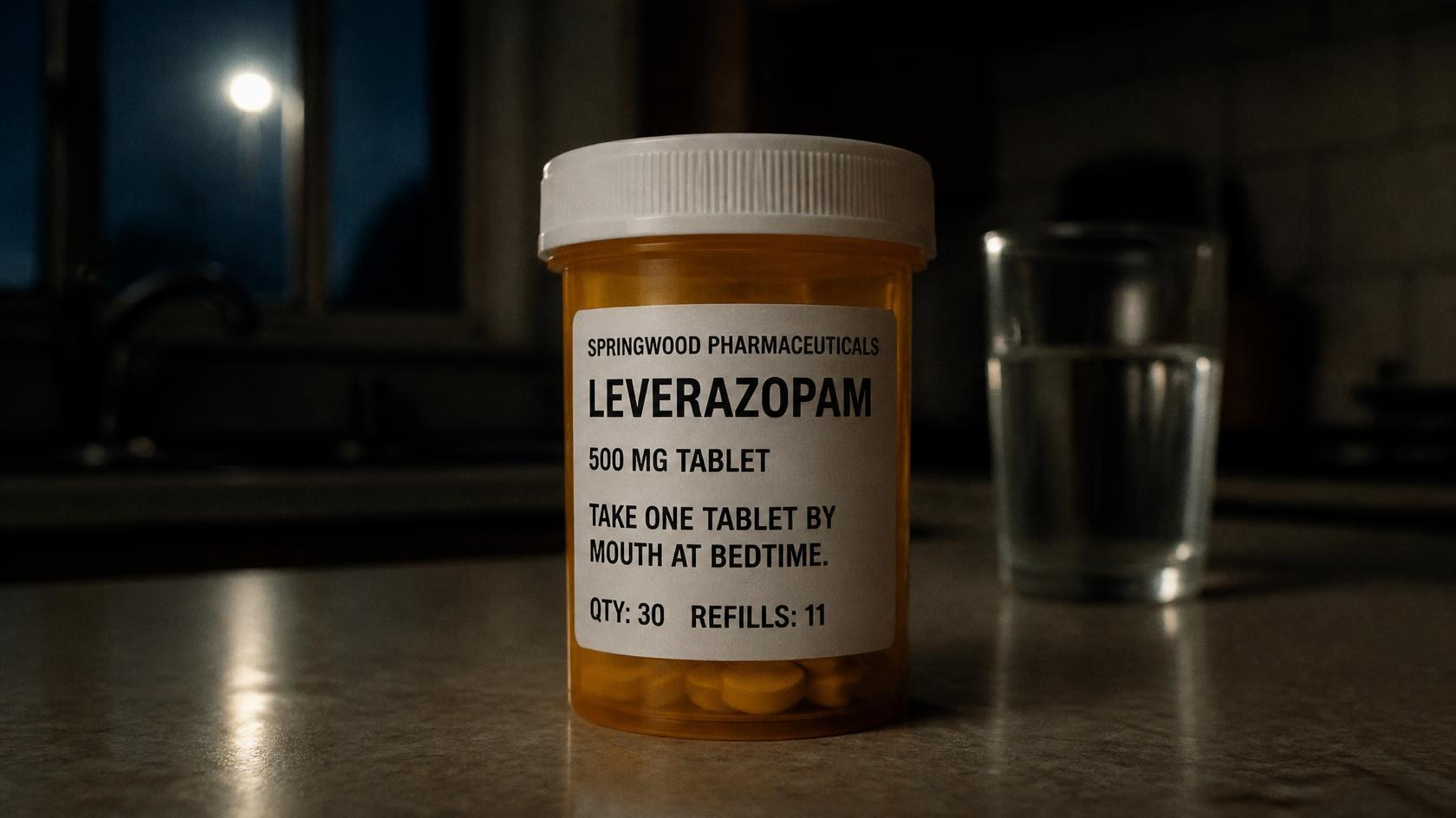 An amber prescription bottle on a kitchen counter, labeled Leverazopam.